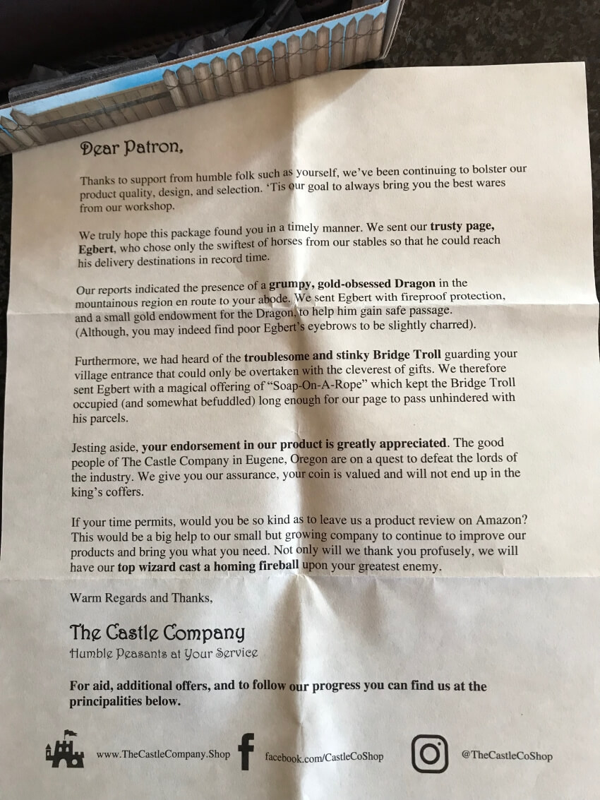 The Castle Company's Thank You Letter