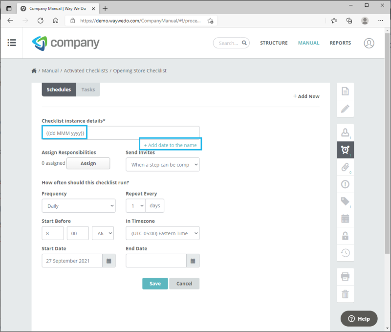 Activated Checklist Instance Schedules