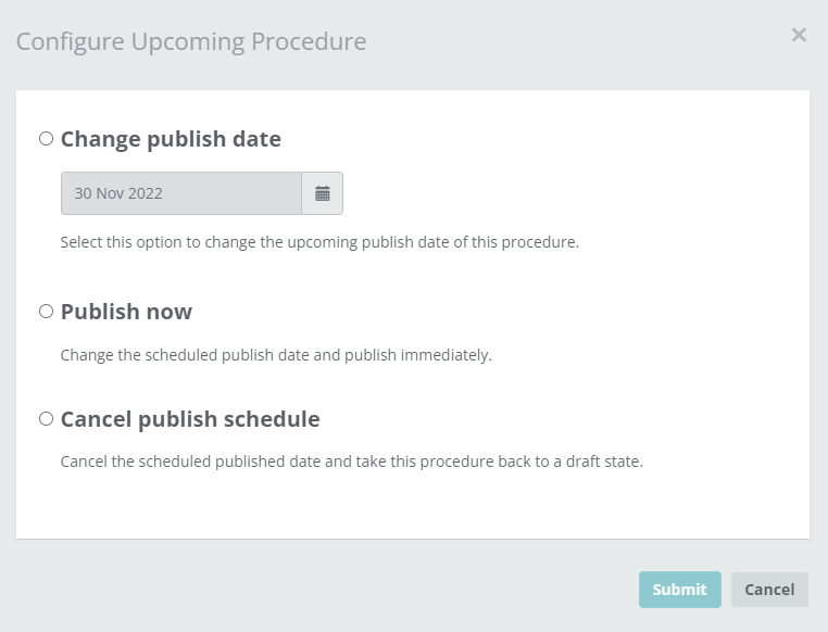 Scheduled publishing configure options
