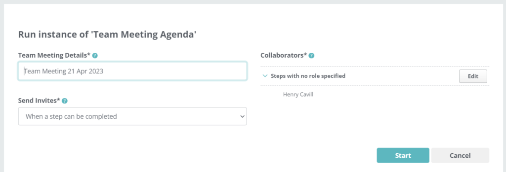 Screen shot of a new Team Meeting Agenda Checklist Instance with an auto-generated title