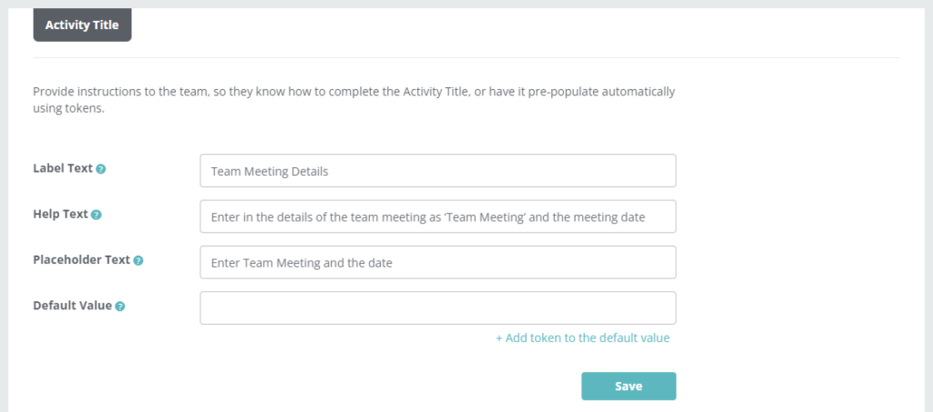 Customisation screen showing updated settings for Team Meeting Agenda Activated Checklist