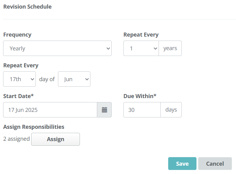 Revision schedule set up screen to set recurrence for policy and procedure revision