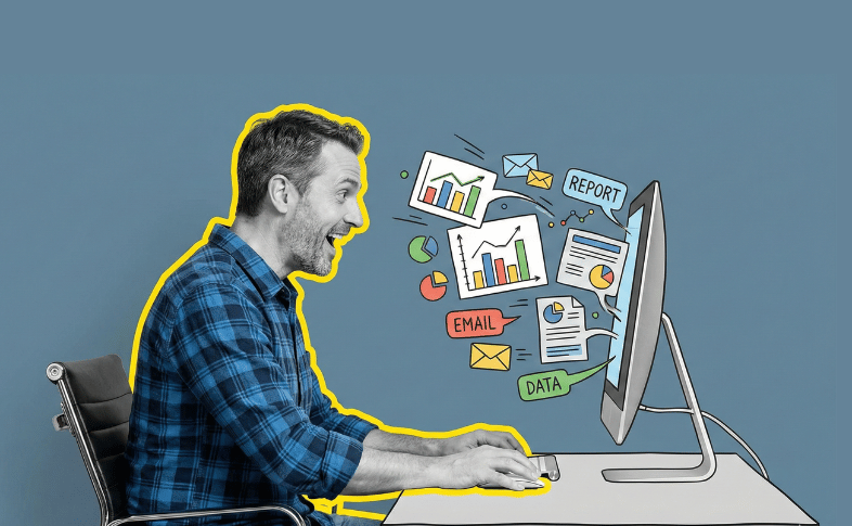 Business professional enthusiastically using AI to produce rapid digital output, representing the promise -- and potential illusion -- of AI productivity gains.